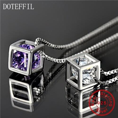 2 Colors Sterling Silver Fashion Square Pendant Necklace AAA Zircon Woman Charm Silver Box Chain Necklace Jewelry