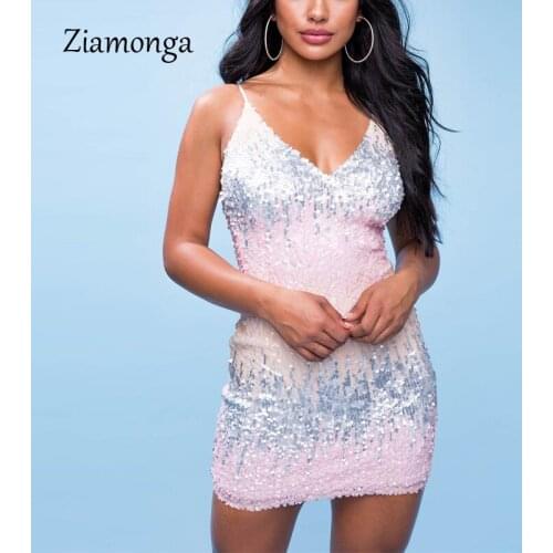 Ziamonga Sexy Shining Sequin Women Dress Deep V Neck Sleeveless Short Dress Elegant Evening Party Dresses Casual Summer Vestidos