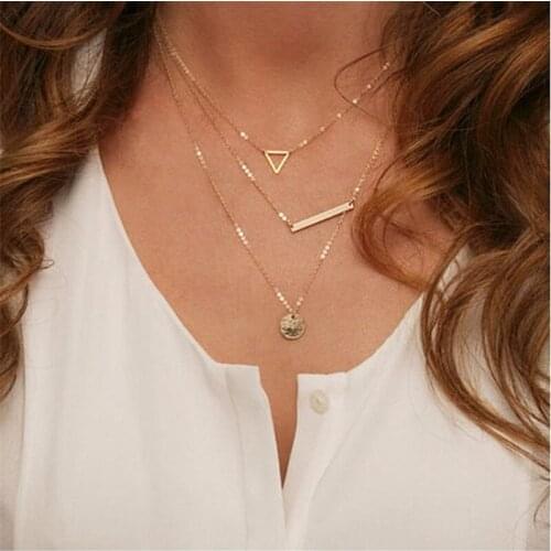 12Pcs/lot Simple Geometric Chain Necklace for Women Hollow Triangle Wide Bar Sequin Necklace