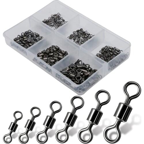 150pcs/1box 6 Size Fishing Swivel Solid Connector Ball Bearing Snap Fishing Swivels Rolling Stainless Steel Bead Fish Tackle Box