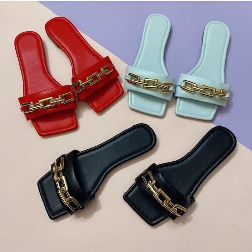 2021 New Women Square Toe Chain Fashion Slipper Sandals Flat High Heel Colorful Cute Casual Style Sandals Plus size