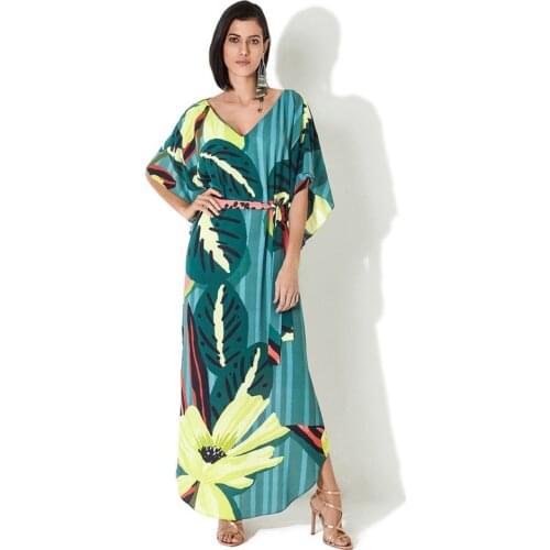 2021 Quick-drying Bohemian Printed Summer Women Beachwear Kaftan Cover-ups Long Beach Dress Cotton Tunic Swim Wear Cover Up Q935