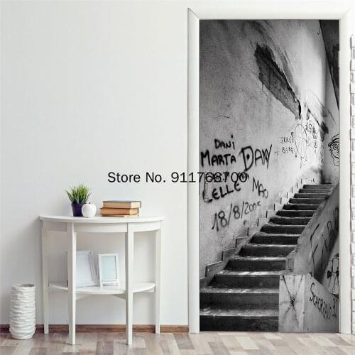 3D Retro Building Staircase Waterproof Vinyl Wallpaper Decals on Doors Bedroom DecorDilapidated Stairs Graffiti Door Sticker 3D