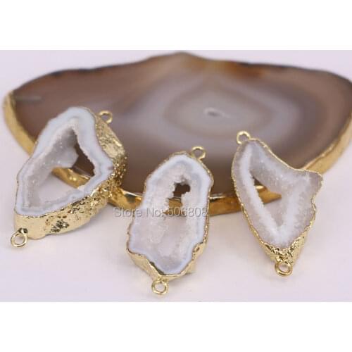 6PCS ZYZ-C5421 Nature White geode stone connector beads, gold color edged drusy quartz stone beads fit jewelry making