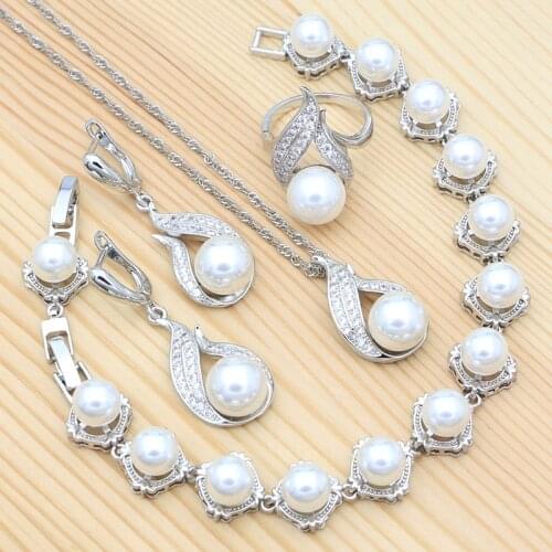 925 Sterling Silver Jewelry Set White Pearl Crystal Earrings Pendant Ring Necklace Pearl Bracelet for Bride Wedding Accessories