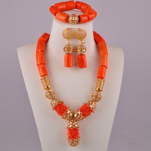 African beads set jewelry natural coral necklace orange coral jewelry set for nigerian wedding