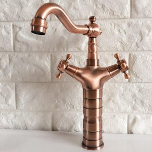 Antique Red Copper Brass Dual Cross Handles Swivel Spout Bathroom Kitchen Basin Sink Faucet Mixer Tap mrg056