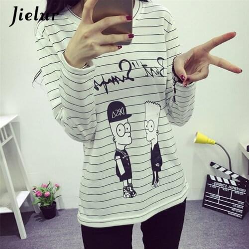 Autumn Spring Creative Lovely Cartoon Printed T-shirts for Women Full Sleeve Simple Loose Top Stripe White T-shirt Female XL-XXL