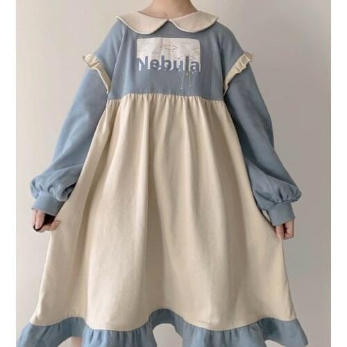 HOUZHOU Kawaii Dress Women Long Sleeve Dresses Sweet Japanese Preppy Style Ruffles Patchwork Loose Spring Autumn Lolita Robe