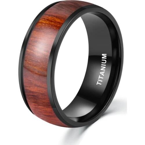 POYA 8 mm Black Titanium Ring for Men High Polished Wedding Engagement Band Wood Inlay