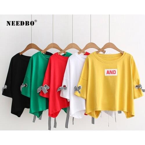NEEDBO Summer t shirt Women New Arrivals Big Size Tee Shirt Femme t Bow Solid O-Neck Crop Top T Shirt Women Print Letter Tops