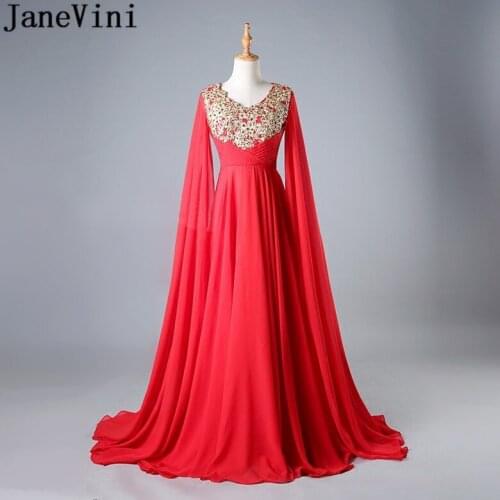 JaneVini Arabic Floor Length Sleeves Prom Dresses Lebanon Red Chiffon Bridesmaid Dress Gold Beaded Lace Appliques Formal Dress