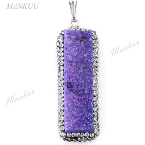 ManKuu Natural Quarz Pendant Rhinestone Wrap Rectangle Shape Druzy Stone Pendants For Necklace Mix Color Pendant For Men Women