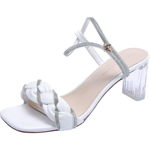 Square Toe High Heeled Sandals Open Toe Shoes 2021 Summer New Banquet Wedding Thick Heel Fashion Rhinestone Modern Sandals