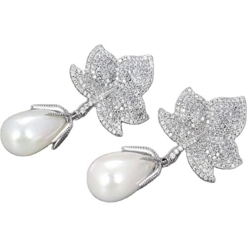 JK White Teardrop Sea Shell Pearl Cz pave Leave Earrings