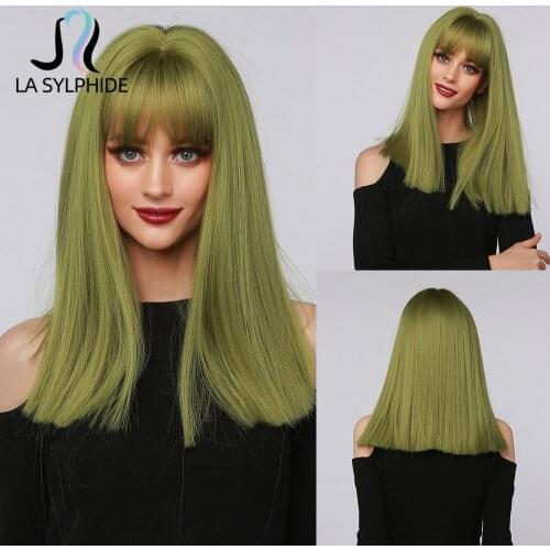 La Sylphide Synthetic Wig Medium Long Dark Green Hair Wigs with Bangs for Black White Woman Halloween Cosplay Party Club Wigs
