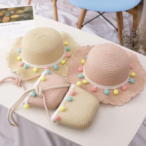Kids Girls Large Wide Brim Straw Woven Sun Protection Beach Hat Colorful Pompom Ball Summer Floppy Bucket Cap Portable Handbag