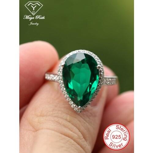 Created Emerald Party Cocktail Ring For Women Echt 925 Sterling Silver Pear Drop Shape Imitation Green Gemstone Female Gift