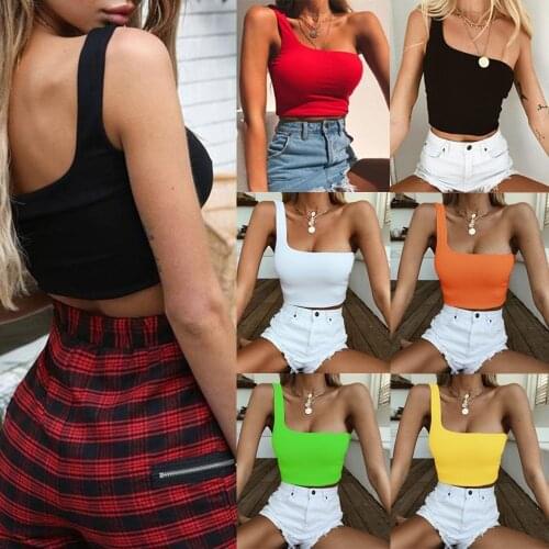 Women Sexy топ Cool Single One Shoulder Tank Tops Vest Bare Midriff Sleeveless T-Shirt Casual Summer Beach Crop Top Shirt