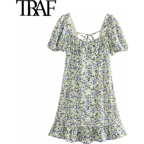 TRAF Women Chic Fashion Floral Print Ruffled Mini Dress Vintage Puff Sleeve Side Zipper Female Dresses Mujer