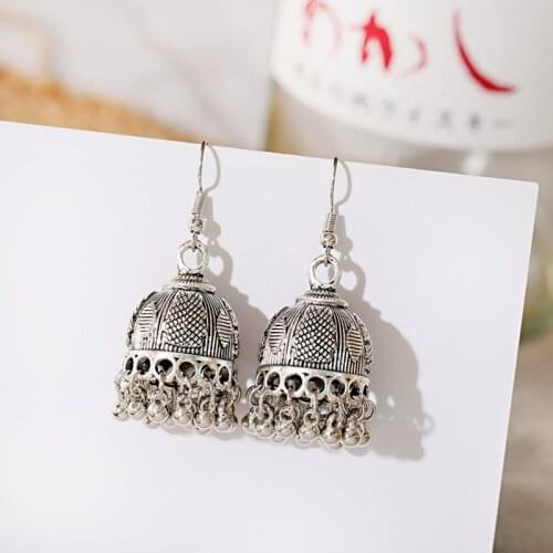 2020 Indian Earrings For Women Oxidized Jhumka Silver Color Big Bell Drop Hanging Earrings For Female Afghan Egypt Gypsy Jewelry