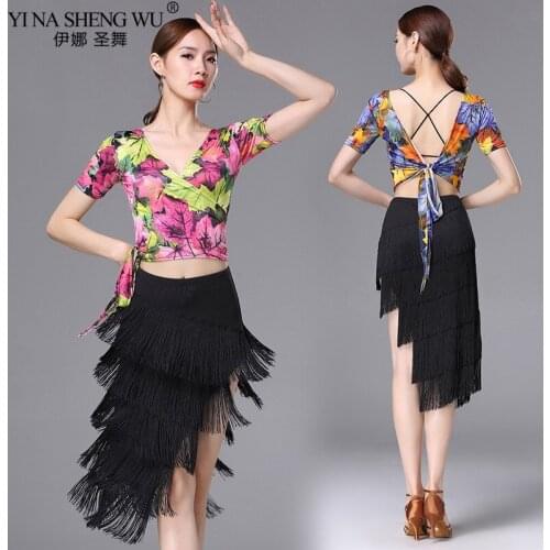 New Style Women Latin Salsa Dance Dress Print Top+Skirt With Shorts Girls Cha Cha Ballroom Party Competition Practice Costumes