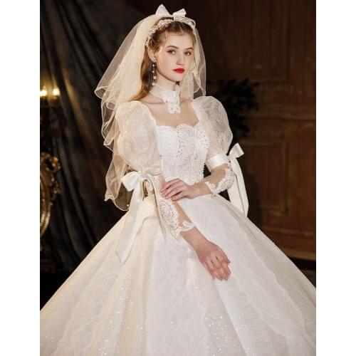 GY Luxury Princess Wedding Dress Beautiful Applique Lace Ball Gown With Sweep Train Shining Sequins Custom Made Vestido De Noiva