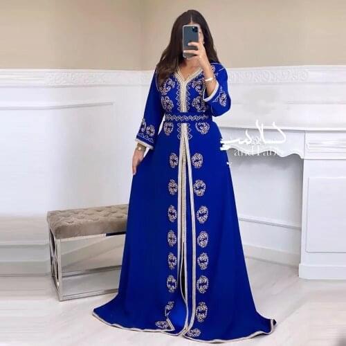 Royal Blue Moroccan Kaftan Caftan Muslim Evening Dresses A-line V-neck Chiffon Beading Dubai Arabic Turkey Abaya Islamic Gown