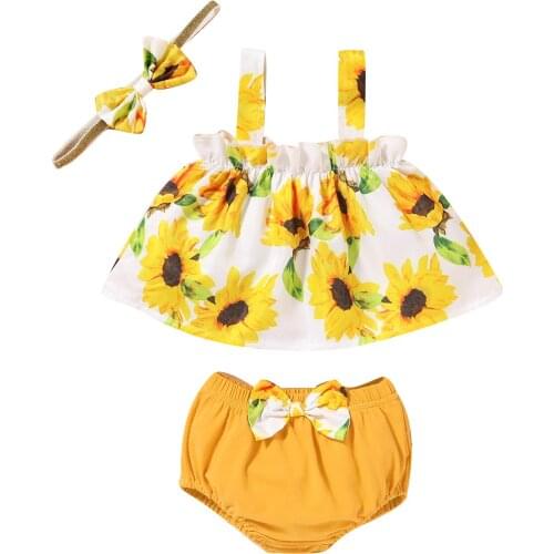 3Pcs Newborn Baby Girl Floral Sling Sun flower Print Vest Tops+Shorts +Headband Outfits Clothes 0-18M
