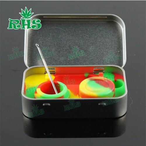 1set * Tin Box 2*5ml Silicone Wax Oil Container 4 in 1 kit Non Stick Dab BHO Concentrate Jars with Titanium Dab straw Tool rigs