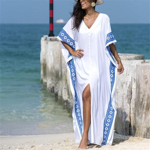 2021 Casual V-Neck Bats Sleeve Side Split Beach Kaftan Loose Summer Dress White Cotton Tunic Women Street Wear Maxi Dress N887