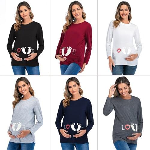 6116# Funny Printed Maternity T-shirt Spring Autumn Long Sleeve T Shirt Clothes for Pregnant Women Footprint Pregnancy Tees Tops