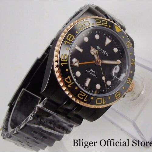 BLIGER 40mm PVD Plated Automatic Men Watch GMT Hand Gold Coated Bezel Jubilee Strap