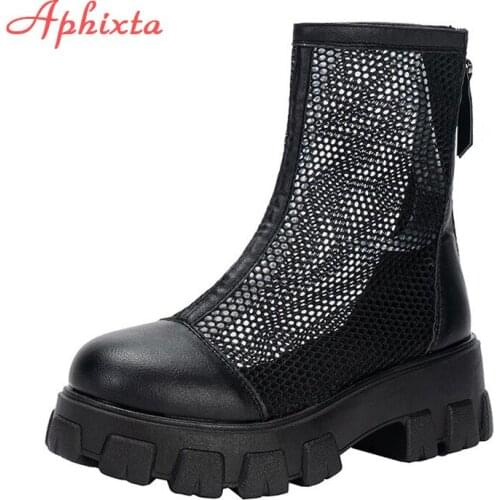 Aphixta Plus Big Size 42 43 Summer Breathable Platform Boots Lace-up 6cm Thick Sole Women Back Zipper Height Increasing Boots