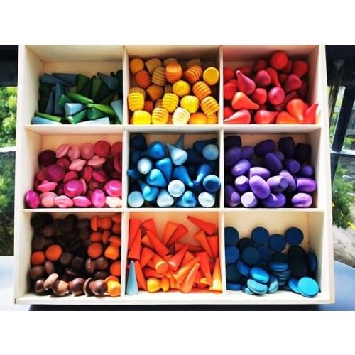 Kids Wooden Toys Rainbow Block Loose Parts Mushroom Honeycomb Droplets Tree Cones Rings Coins Stairs Pastel Balls