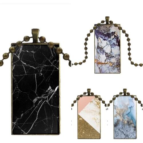 For Child Black And Rose Gold Marble Split Jewelry With Bronze Plated Glass Cabochon Choker Long Pendant Rectangle Necklace