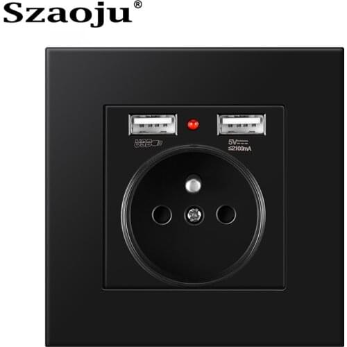 Szaoju France Standard power socket ,socket with usb charging port 2.1A 16A white PC Panel 86mm*86mm Wall Socket LED on/off