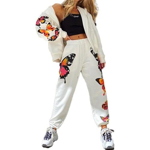 Imcute Fashion Women Sport Suit Set Butterfly Print Long Sleeve Hooded Tops + High Waist Long Pants Tracksuit Homewear Clothes