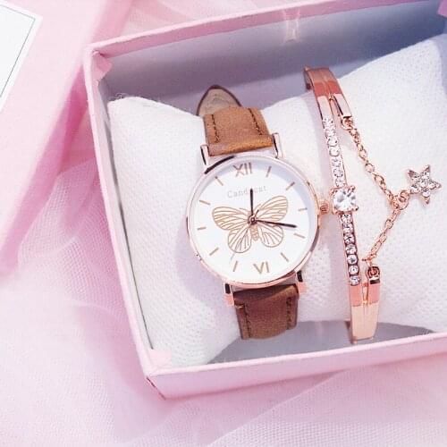 Ins Wind Women Watches Gold Butterfly Dial Fine PU Belt Girls Waterproof Ladies Wrist Watch Gold Female Clock Relogio Feminino