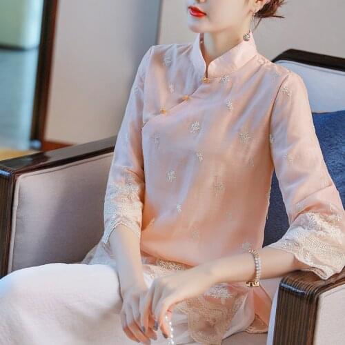 Chinese Style Spring Summer Womens Embroidery 3/4 Sleeve Cheongsam Top Blouse , Fall Woman Clothes , Ladies Blouses Shirts