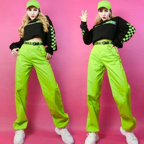 Modern Jazz Dance Costumes Female Adult Black Long Sleeve Crop Tops Fluorescent Green Pants Bar Dj Ds Gogo Dance Outfit DNV15043