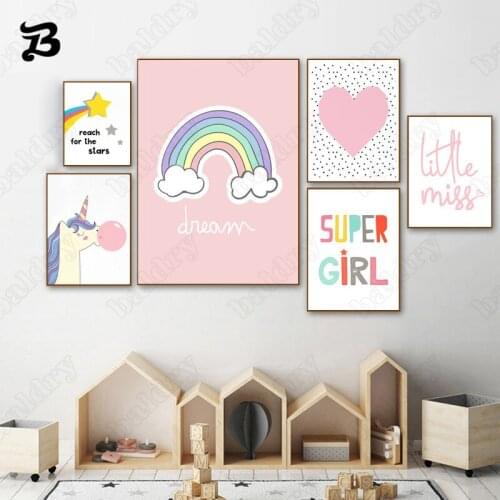 Girly Heart Colorful Dreamy Canvas Poster Wall Art Nordic Wall Pictures Unicorn Blowing Bubble Super Girl for Kids Bedroom Decor