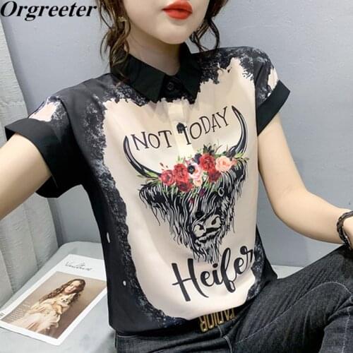 Summer Printted Womens Chiffon Shirts Short Sleeve Tops Hig Quality Elegant Ladies Casual Plus Size Loose Tops Mujer 2021