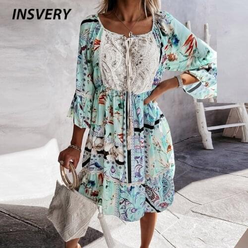 Summer Women Elegant Mini Dress Boho 3/4 Sleeve O Neck Casual Floral Print Dress Women Sexy Lace Design Loose Party Dress 2021