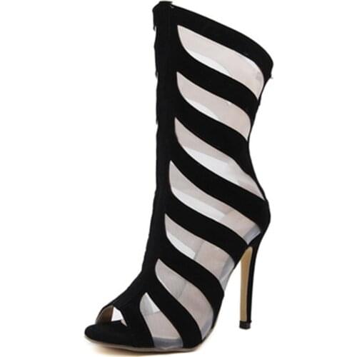 Fashionable hollow screen sexy rear zipper breathable wear-resistant cold boots fish mouth high heels womens shoes