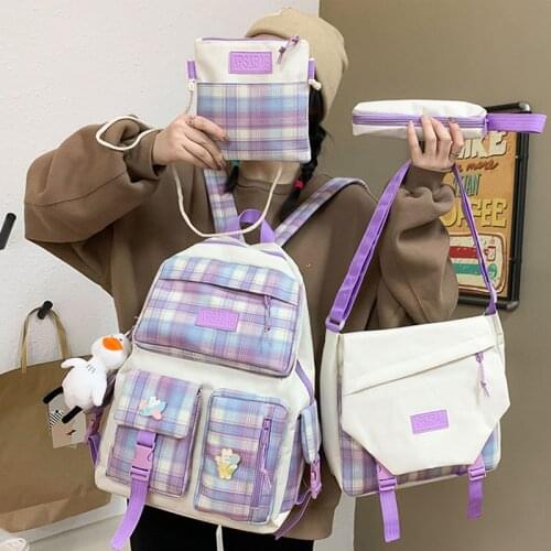 4 Pcs Set Harajuku Girl Canvas Checked Backpack Childrens Schoolbag Cute Childrens Schoolbag Set Canvas Backpack Schoolbag