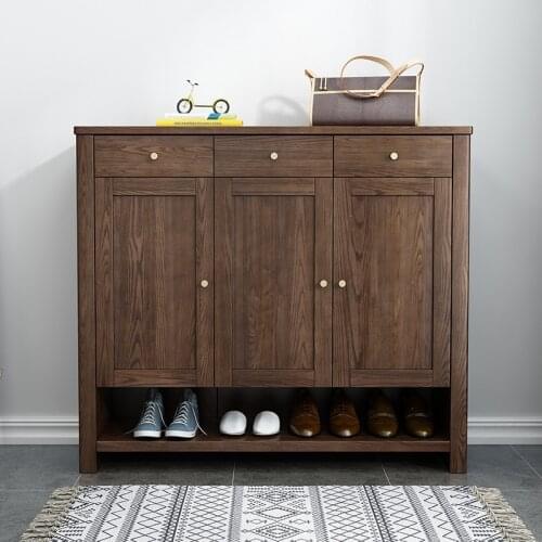 Nordic solid wood shoe cabinet three door locker entrance hall cabinet light luxury storage living room shoe cabinet