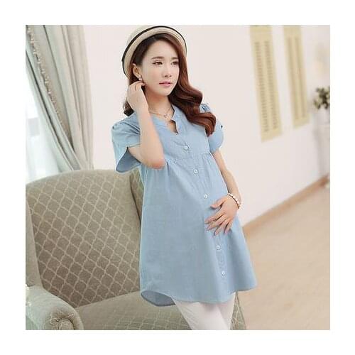 2016 New Denim Dress for Pregnant Woman Summer Solid Blue Loose Short Sleeve Pregnant Womens Dresses Maternity Outerwear