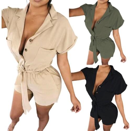 Hirigin New Fashion Women Turn-down Collar Overalls with Waistband Solid Color Short Sleeve Slim Playsuit Female Jumpsuit