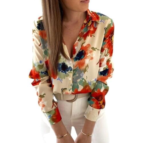 2021 Factory Price Autumn New Fashion Loose Turn Hot Sale Collar Printing Long-Sleeved Ladies Shirt In Stock